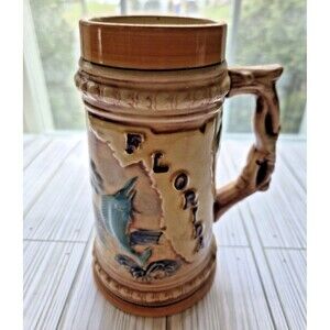 Japan Florida Stein Mug Ceramic Flamingo Palm Tree Vintage 4 1/2”